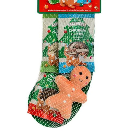 Meowee Meaty Cat Stocking Christmas Gift 3 Packs Of Meaty Treats & A Catnip Toy - Image 2 of 2