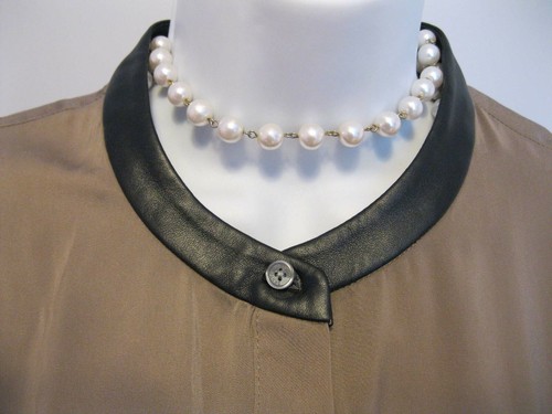 DKNYC Taupe Shirt Size M 6 8 Blouse Faux Leather Trim Tunic DKNY City Career - Picture 2 of 6