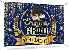 Congrats Grad Banner Class of 2025 Graduation Backdrop Blue and Gold Graduation 