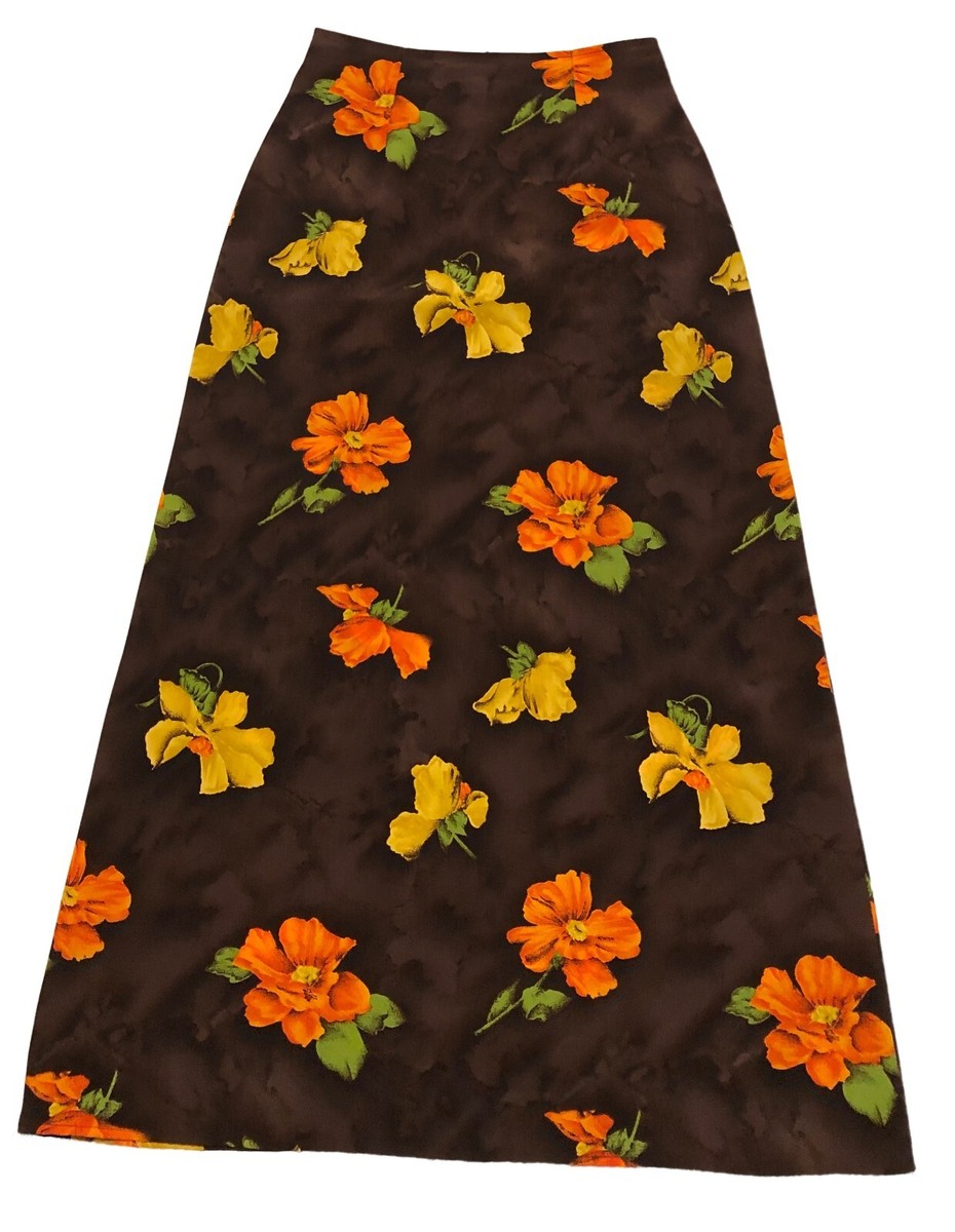 vtg 70s Brown Floral Maxi Skirt Sz 7/8 A-Line Variations Made in Canada