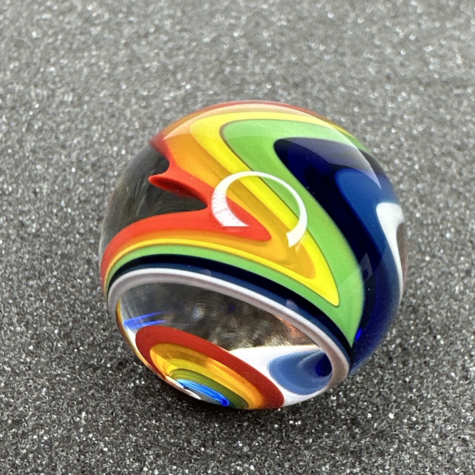 Contemporary Art Glass Marble 1.06" Wigwag Red, Orange, Yellow, Green