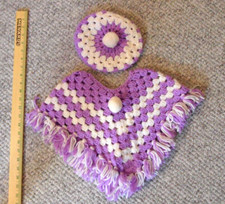 Vintage Crocheted Infant Baby Poncho  Beanie Fringe Purple  White