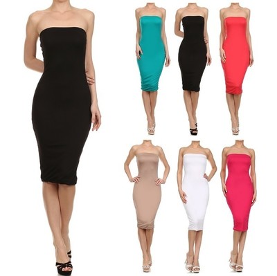 SEXY STRAPLESS TUBE BODYCON SLIM FITTED PENCIL MIDI KNEE LENGTH DRESS  CLUBWEAR | eBay