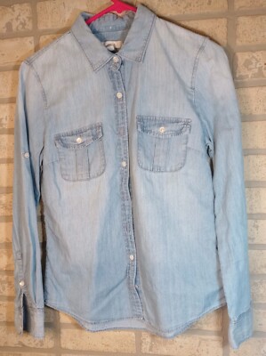 Crew Perfect Fit Denim Shirt Womens Size Blue Long Roll Tab