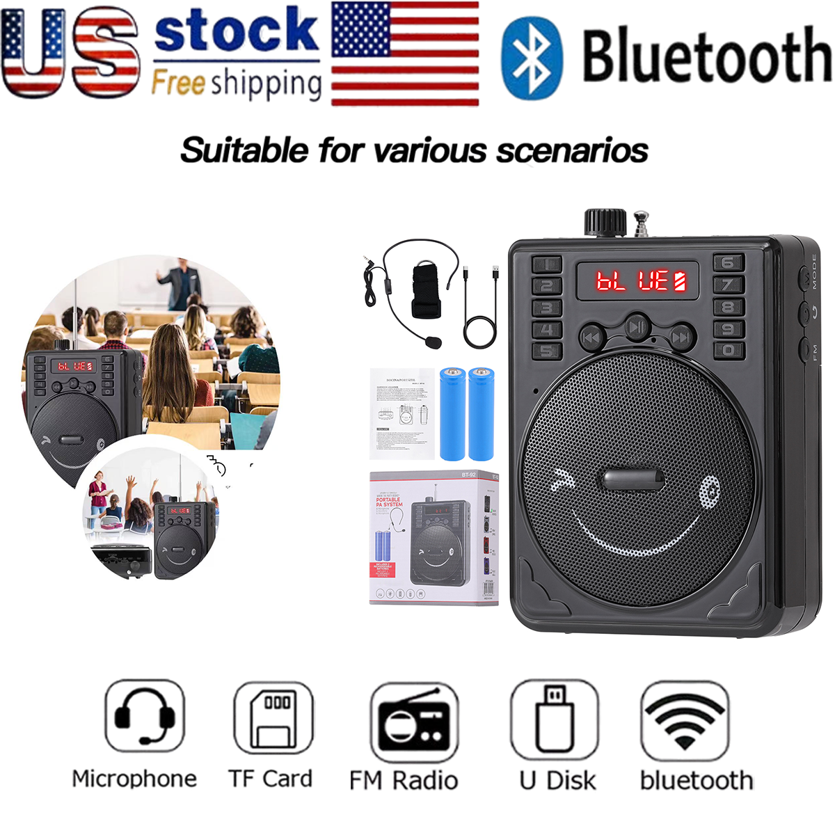 Portable Rechargeable PA System with Bluetooth, Amplifier & Wired Mic BT-92