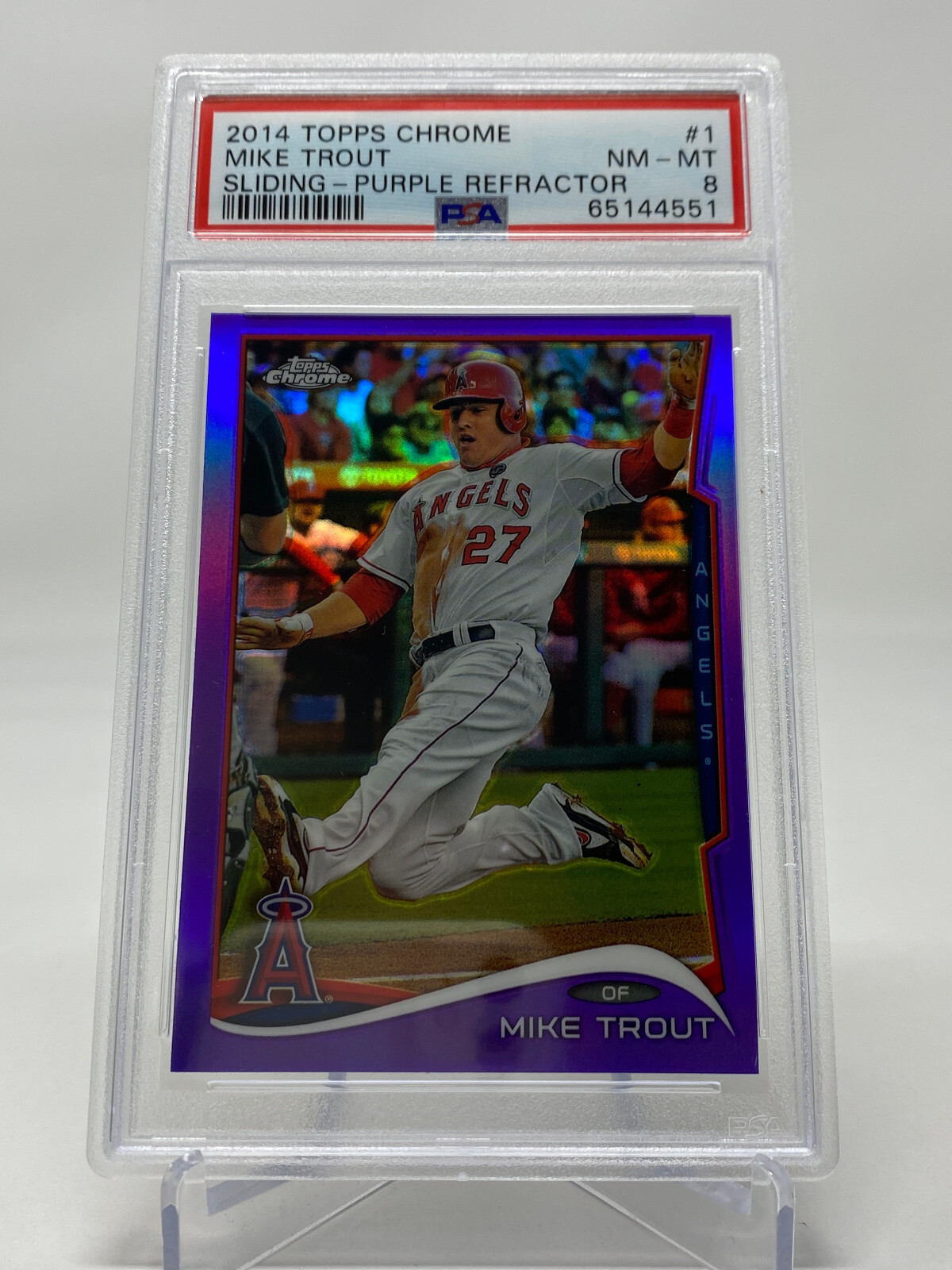 2014 Topps Chrome #1 Mike Trout Sliding PURPLE REFRACTOR - PSA 8 - POP 99 view 11