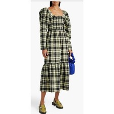 GANNI Shirred Checked Cotton Blend Seersucker Midi Dress Size 4