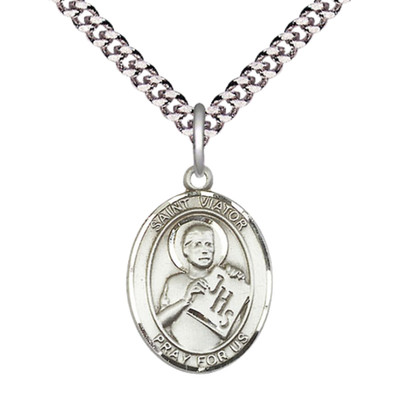 Sterling Silver Saint Viator of Bergamo Medal Pendant 24'' Endless Chain Necklace