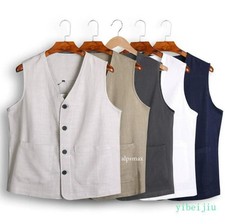 Men's Single-breasted Flax Linen Cotton Thin Vests Pockets Sleeveless Waistcoat