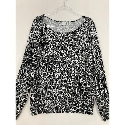Cupio Leopard Top XL Black White Animal Smocked Hem Long Sleeve Stretch Knit