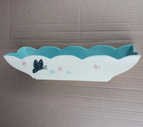 Vintage Hull Pottery Butterfly Flowers Ceramic Planter Teal Blue/White 1956