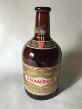 Vintage Amber Glass Bottle Edinburgh Drambuie Liquor Label Bar 1960s Retro