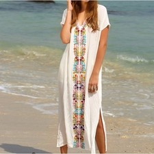 Sleeveless Embroidered Dress Colorful Floral Accents Casual Cover Up XL