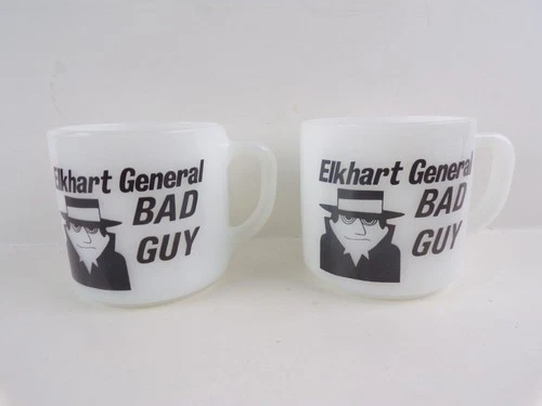 Pair Vintage Federal Milk Glass Bad Guy Mug I HAD A BAD IDEA Elkhart General