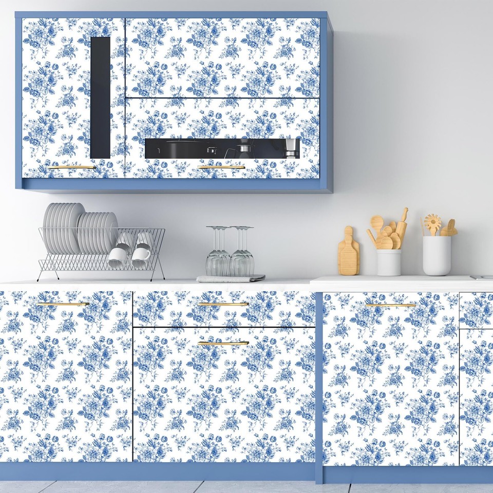 Blue Floral Shelf Liner Self Adhesive Vintage Flower Drawer Liner Blue