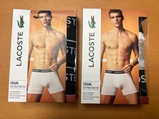 NEW-MENS LACOSTE 3PK LONG BOXER BREIFS, BLACK, SMALL & MEDIUM, #6H3420  $32.95