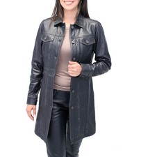 Womens Black Trench Leather Long Coat/duster Motorcycle Genuine Leather Coat
