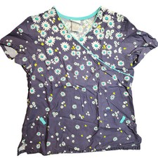 ScrubStar Women  s Scrub Top Size M Gray Floral V-Neck Stretch Pockets Nursing