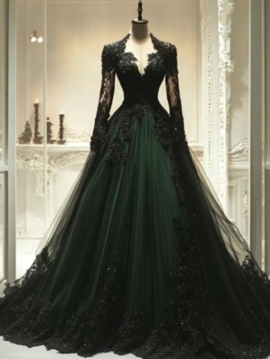 dark green dress with black lace Gothic Dark Green Black Lace Evening Dresses Long Sleeve Formal Party Prom
