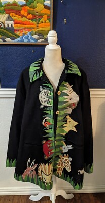 RARE VTG Anage Jacket Jungle Animals Black Embroidered Applique Sz 2X ...