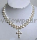 Charming 2 Rows White Akoya freshwater Pearl Cross Pendant Necklace 18"