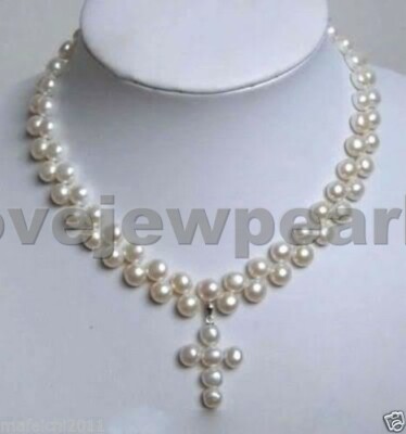 Charming 2 Rows White Akoya freshwater Pearl Cross Pendant Necklace 18''