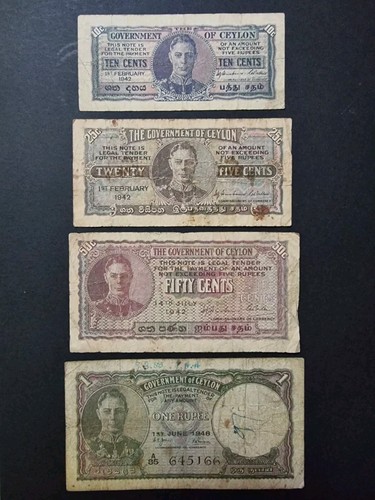 1942 - 1948 Ceylon 10, 25, 50 Cents & 1 Rupee Banknotes Set Of 4 KGVI Sri Lanka - 第 1/2 張圖片