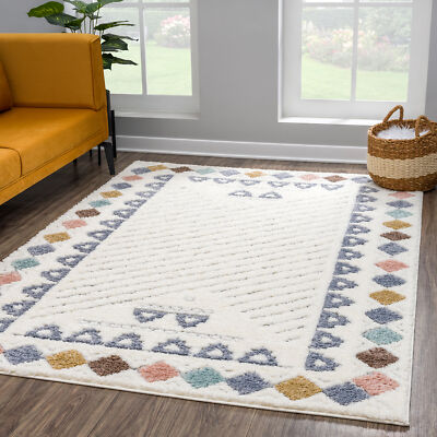 Teppich Wohnzimmer  Hochflor Teppich Skandinavisch  Creme Multi  Rauten Muster