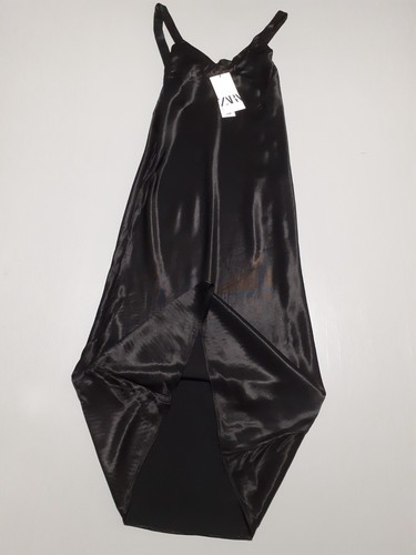 Zara Camisole Dress Women Size Small UK 10 Black Satin V Neck Sleeveless Slip - Picture 2 of 11