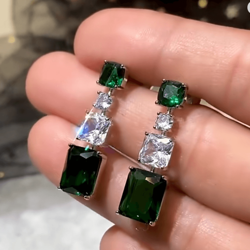 Sterling silver drop earrings with lab-created white diamonds and green emeralds