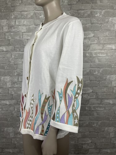 Bob Mackie Small Cream Pastel Ribbon Embroidery Button Cardigan 3/4 Sleeve - Picture 5 of 9