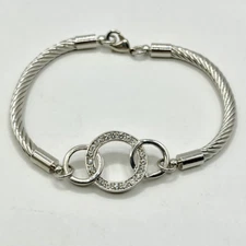 Circles of Life Pendant 8" Cuff/Bangle Bracelet Silver-Tone Entwined Crystals