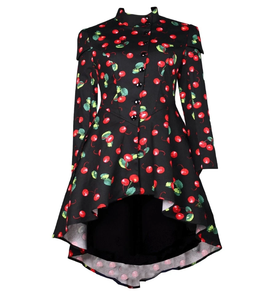 SIZE 12 14  BLACK GOTHIC RED CHERRIES RIDING COAT JACKET STEAMPUNK CORSET TIE - Image 3 of 4