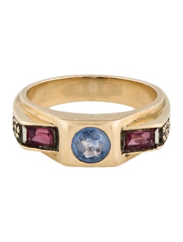 One of a kind, Vintage wedding ring 18k Sapphire & Garnet Textured Band