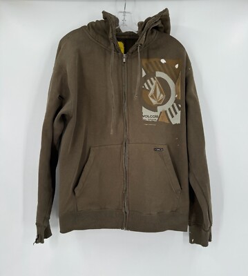 Volcom Mens Olive Green Y2K Graphic Distressed Full Zip Hoodie 