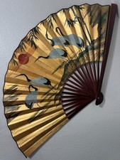 chinese decorative bamboo hand painted birds folding 30 x 60" fan pre owned e/c