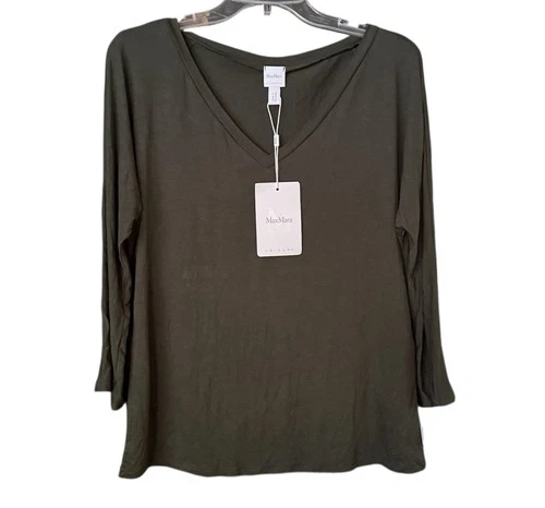 Max Mara Leisure Sz XL Top Jersey Knit Green V-Neck 3/4 Sleeve New