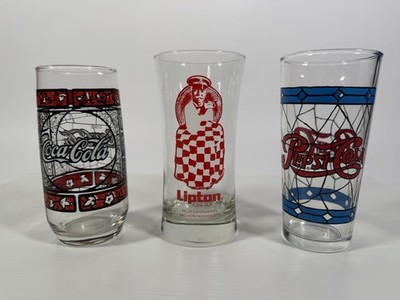 VNTG 1970s Tiffany Stained Pepsi, Coca-Cola & Lipton Tea Advertising Glass Set 3