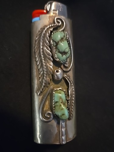 Vtg Lighter Case Turquoise Chunk Sterling Silver Old Pawn Cover Holder For Bic
