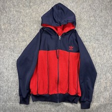 Vintage 1980s Adidas Hoodie Sweatshirt Medium Red Blue Terry Cloth Tre Foil