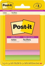 Post-it Super Sticky Notes, 3 x 3 in, Neon Fizz, 3 Pads, 45 Sheets/Pad School .