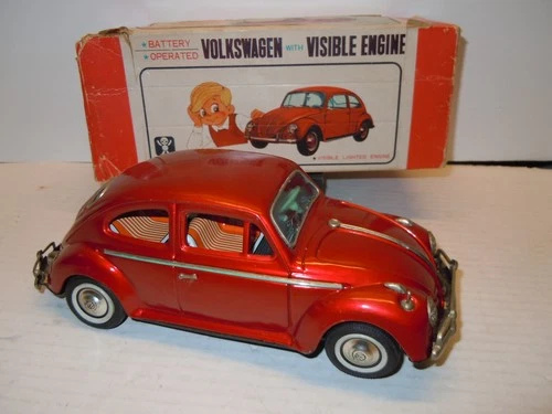 1960  Tin Battery Op. Japan Bandai VW Bug with BOX. EXCELLENT & WORKS.