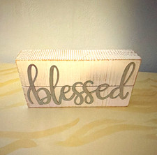 Rustic Distressed Wood "Blessed" Plaque Sign, Freestanding Horizontal Rectangle