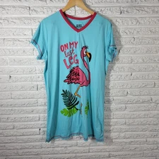 Lazy One Womens Pajama Top L XL Nightgown Blue Flamingo Cotton Loungewear Comfy