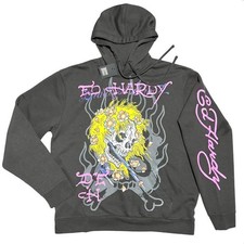 Ed Hardy Hoodie Retro Yellow Hair Skull Fleece Pullover Charcoal Sz Large Skater