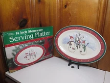 Royal Seasons Christmas Snowman 14" Oval Stoneware Serving Platter Green Rim NEW