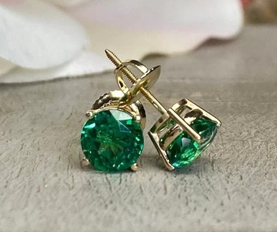 Natural Green Emerald 2.50Ct Round Cut Stud Earrings In 14K Yellow Gold Plated