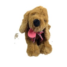 Vintage Gund Brown Plush Dog Stuffed Animal Plaid Bow Pink Tongue 14"