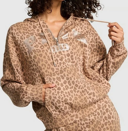 Victoria's Secret PINK Ivy Fleece Campus Half-Zip Hoodie Leopard XS SO CUTE!