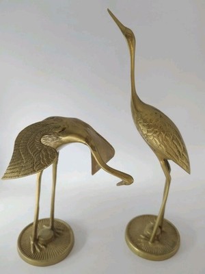 Vintage Brass Tone Crane Heron Bird Figurines Pair 12  & 8  Taiwan
